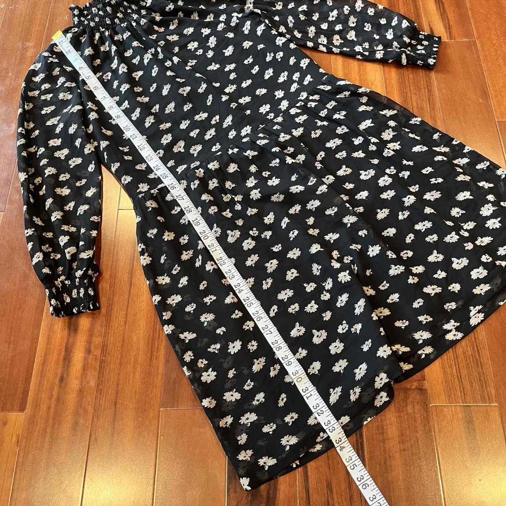 Madewell‎ Black Dress Floral Print Long Sleeve Ruffled Shoulder Detail Womens XS - Picture 6 of 7